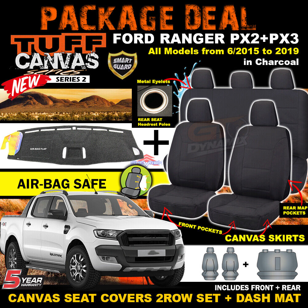 Tuff Canvas Seat Covers 2 Rows + Dash Mat For Ford PX RANGER MK2 MK3 6/2015-2020 Charcoal