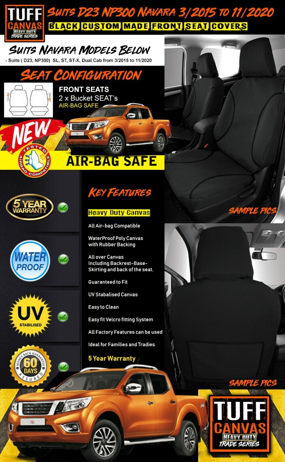TUFF HD TRADE Canvas Seat Covers Front For Nissan D23 Navara NP300 ST ST-X 3/2015-2020 Black
