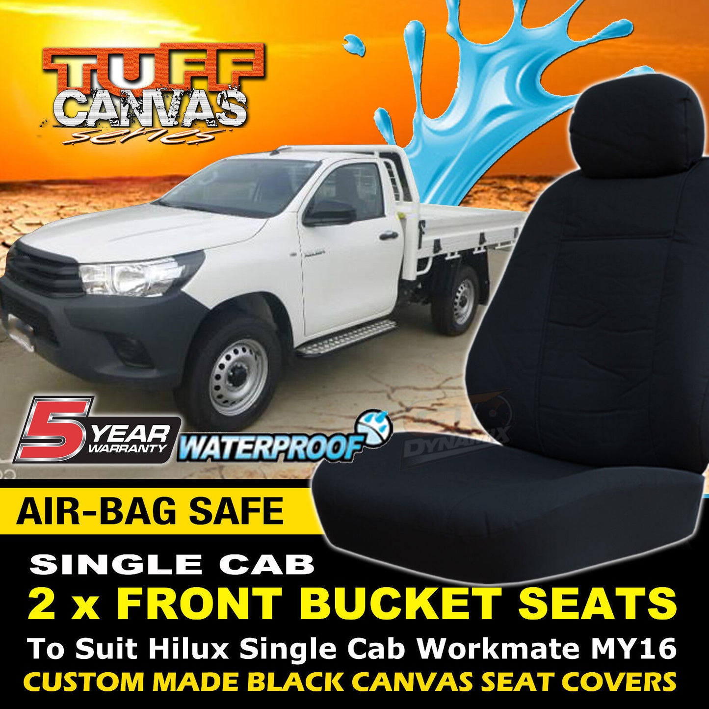 Tuff Canvas Seat Covers Front + Dash Mat For Toyota Hilux Single Cab 10/2015-2024 Black