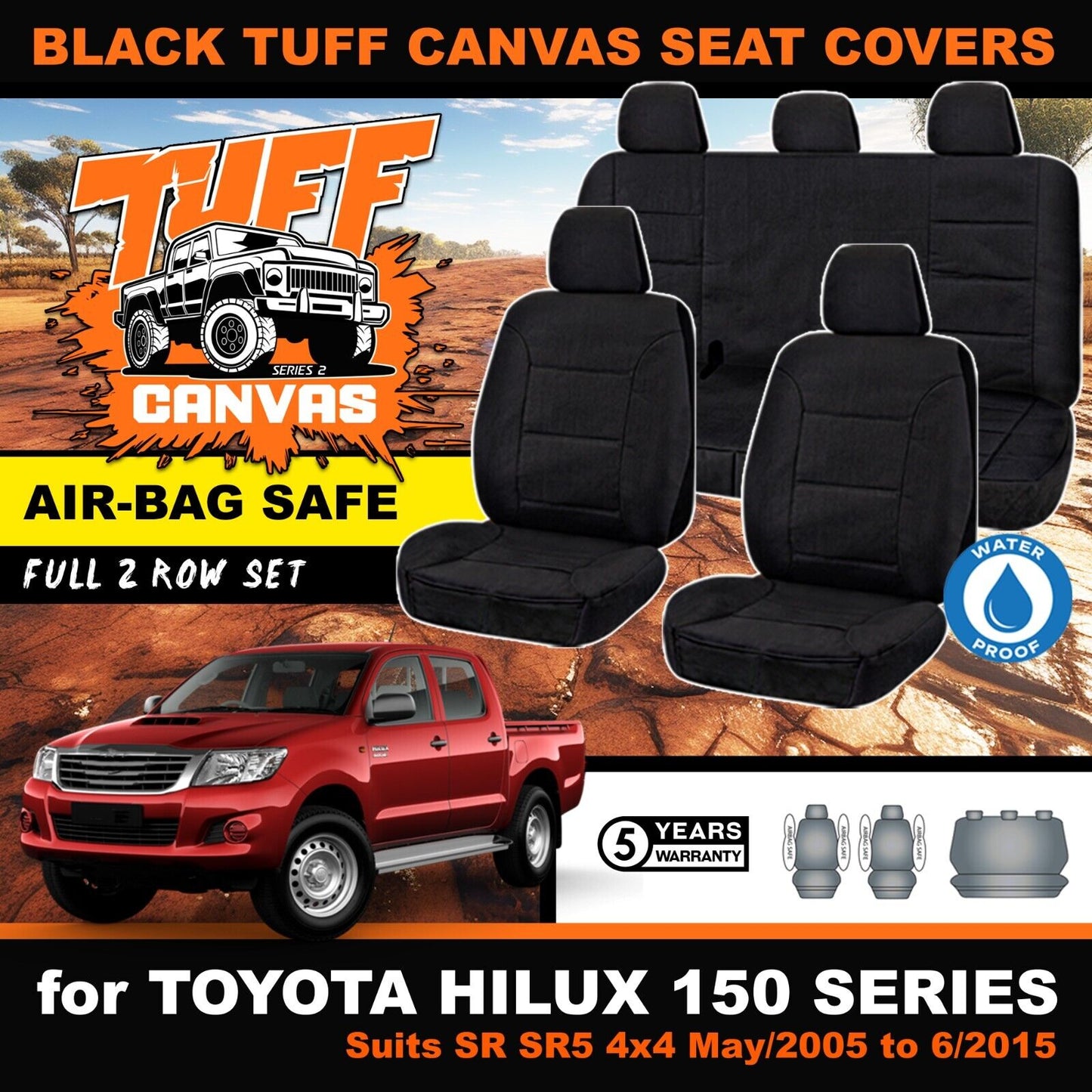 Black Tuff Canvas S2 Seat Covers 2 Rows For Toyota Hilux 150 SR5 SR Dual Cab 5/2005-2015
