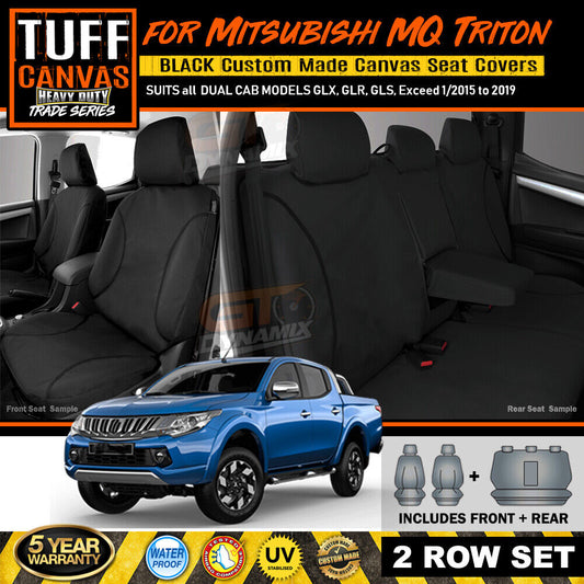 TUFF HD TRADE Canvas Seat Covers 2 Rows For Mitsubishi Triton MQ Dual Cab GLS GLX 2015-2019 Black