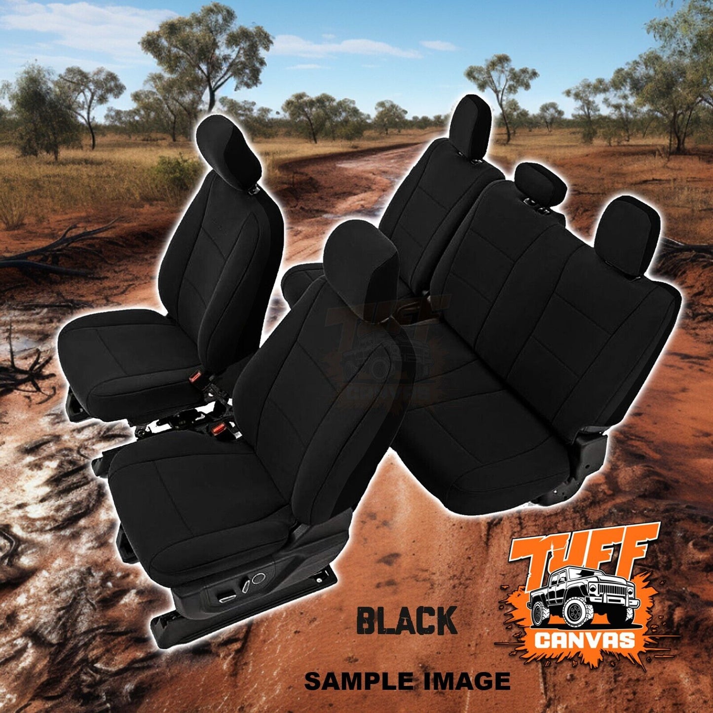 Black Tuff Canvas S2 Seat Covers 2 Rows For Ford Ranger PX2 PX3 Dual Cab XL XLT 6/2015-4/2022