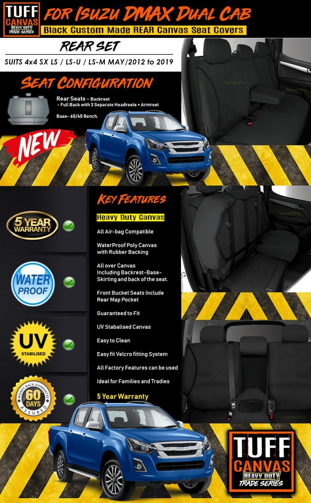 TUFF HD TRADE Canvas Seat Covers Rear For Isuzu D-MAX DMAX Dual Cab 4x4 SX LX 5/2012-2019 Black