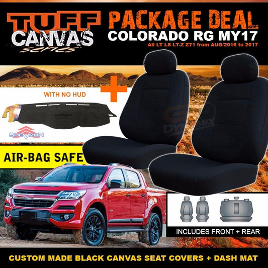 Tuff Canvas Seat Covers 2 Row + Dash Mat For Holden RG Colorado 7/2016-ON NO HUD Black