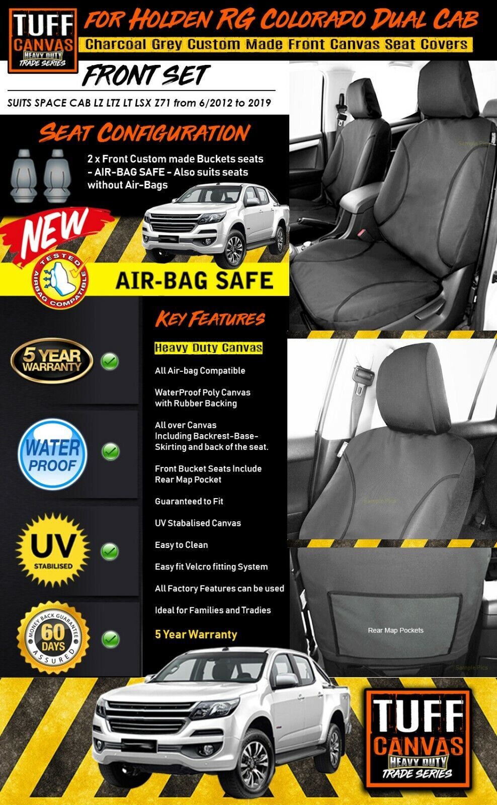 TUFF HD TRADE Canvas Seat Covers Front For Holden RG Colorado Space Cab 6/2012-2019 Charcoal
