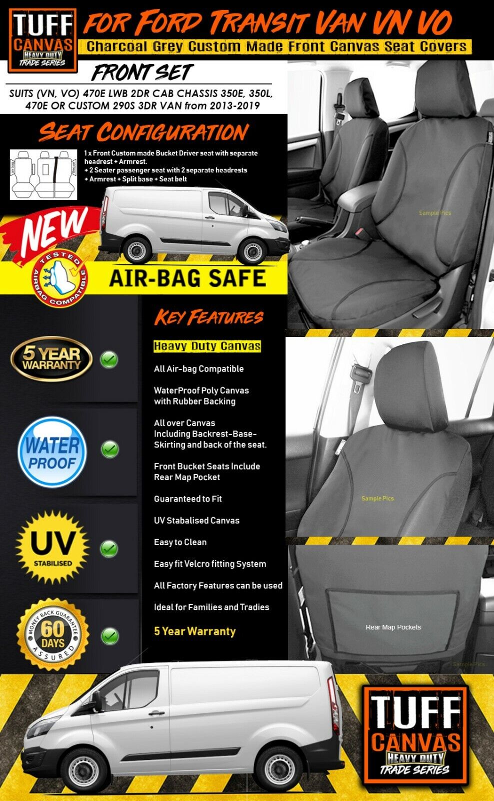 TUFF HD TRADE Canvas Seat Covers Front For Ford Transit Van VN VO 290S 350L 2013-2019 Charcoal