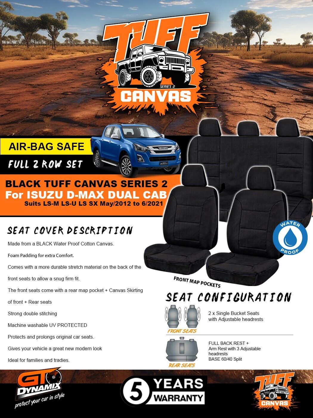 Black Tuff Canvas S2 Seat Covers 2 Rows For Isuzu D-MAX LS-M LS SX 6/2012-6/2021 DMAX