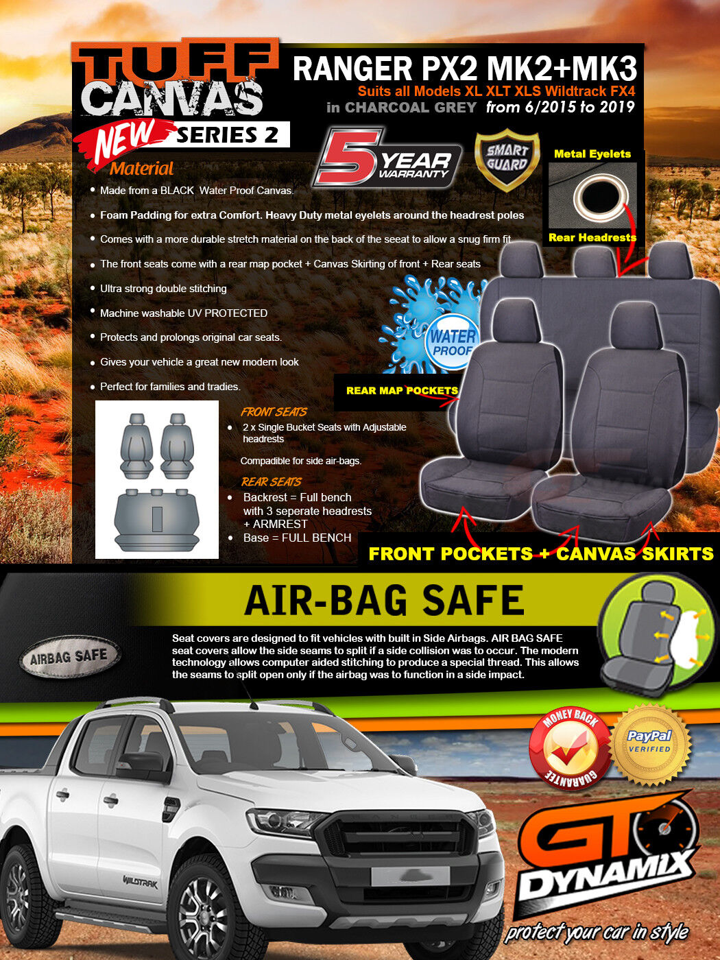 Tuff Canvas Seat Covers 2 Rows For Ford PX2 RANGER MK2 MK3 XL XLT Wildtrack 6/2015-2021 Charcoal