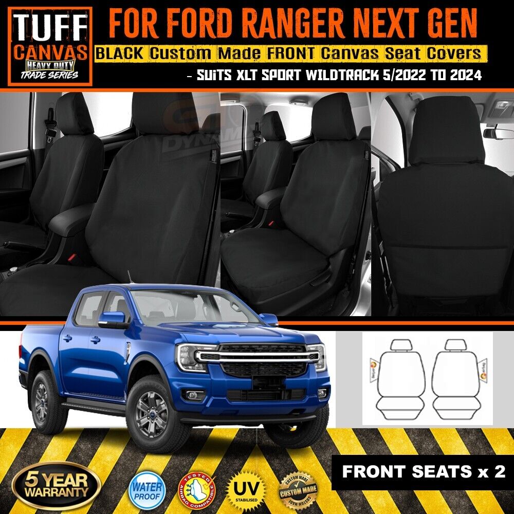Tuff HD TRADE Canvas Seat Covers 2 Row + Dash Mat For Ford Ranger Next Gen XLT XLS DM1650 Black