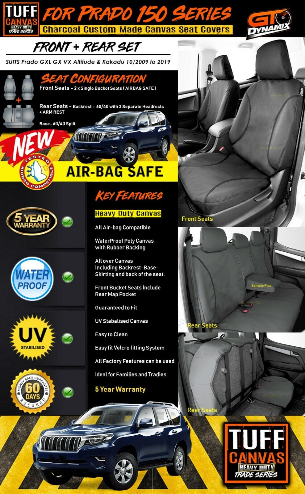 TUFF HD TRADE Canvas Seat Covers 2 Rows For Toyota Prado 150 GXL VX Kakadu 2009-2021 Charcoal