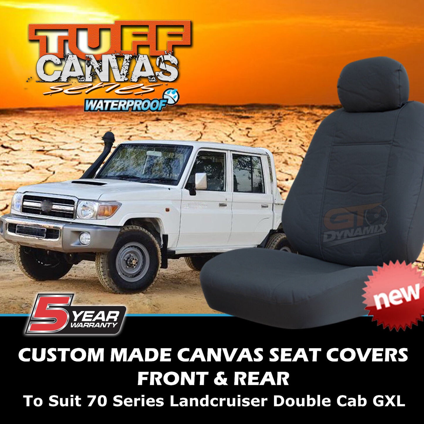 Tuff Canvas Seat Covers 2 Row + Dash Mat For Toyota Landcruiser 70 Series GXL 10/2012-ON Charcoal