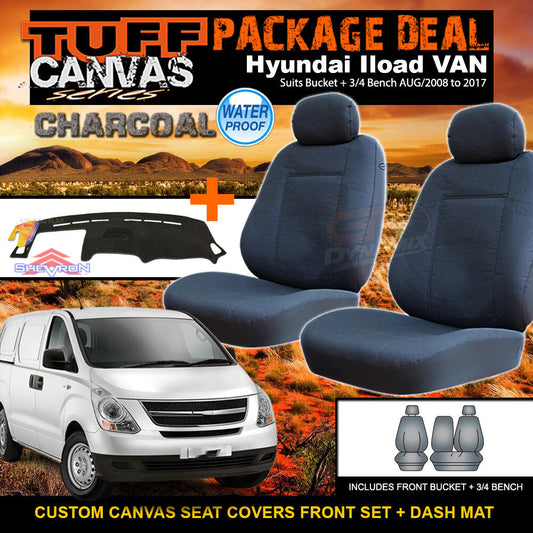 Tuff Canvas Seat Covers Front + Dash Mat For Hyundai Iload I-LOAD Charcoal