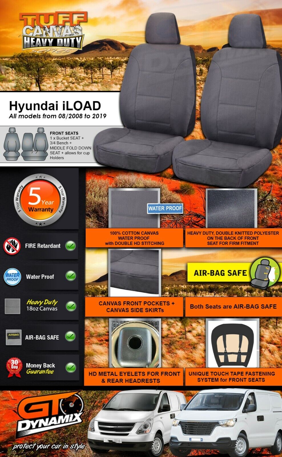 Tuff HD Canvas Seat Covers Front For Hyundai I-load Van Front 8/2008-2019 ILOAD Charcoal