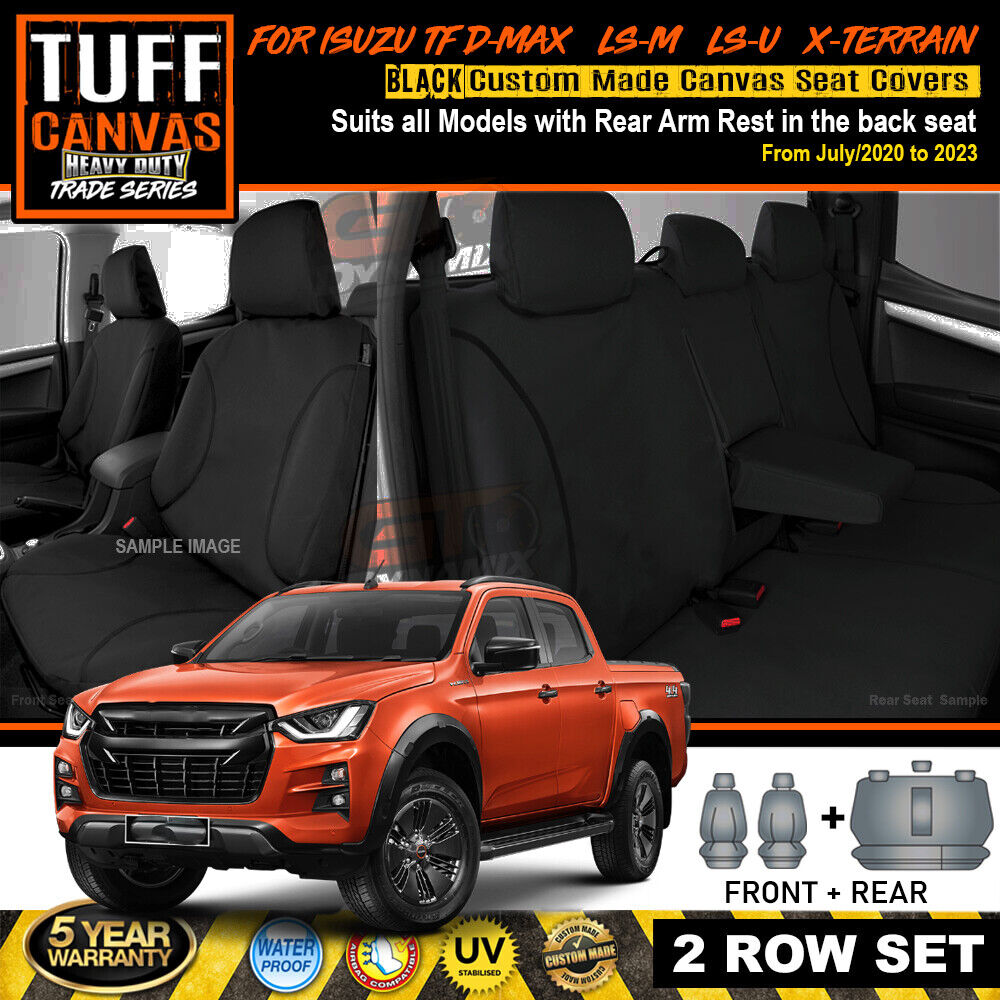Tuff HD TRADE Canvas Seat Covers 2 Row + Dash Mat For Isuzu DMAX TF W/LID 2020-2024 DM1589 Black