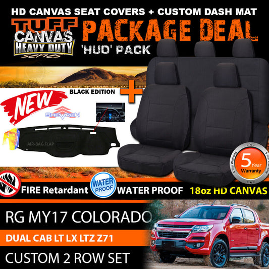 Tuff HD Canvas Seat Covers 2 Rows + Dash Mat For Holden RG Colorado w/ HUD 7/2016-2019 Black