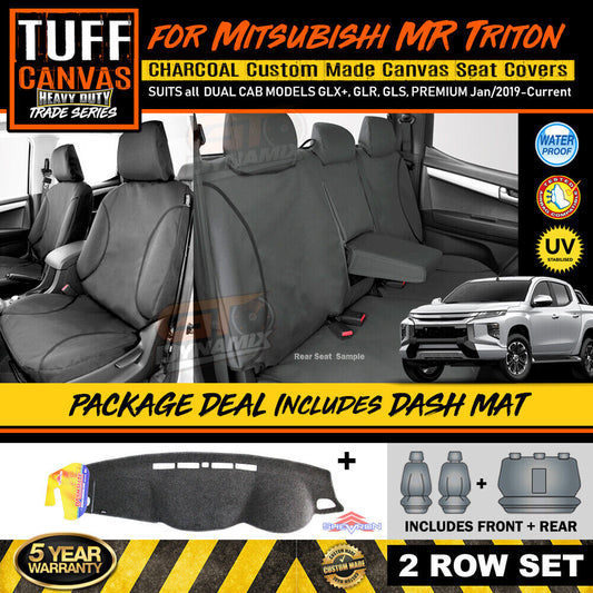 Tuff HD TRADE Canvas Seat Covers 2 Rows + Dash Mat For Mitsubishi Triton MR Dual Cab 1/2019-2023 Charcoal