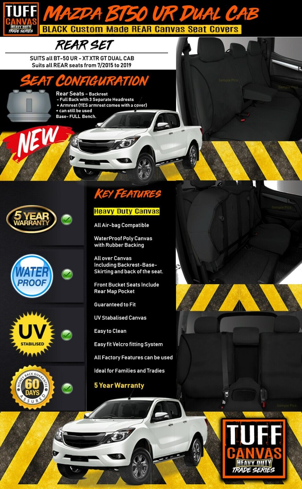 TUFF HD TRADE Canvas Seat Covers Rear For Mazda BT-50 UR XT XTR BT50 7/2015-2019 Black