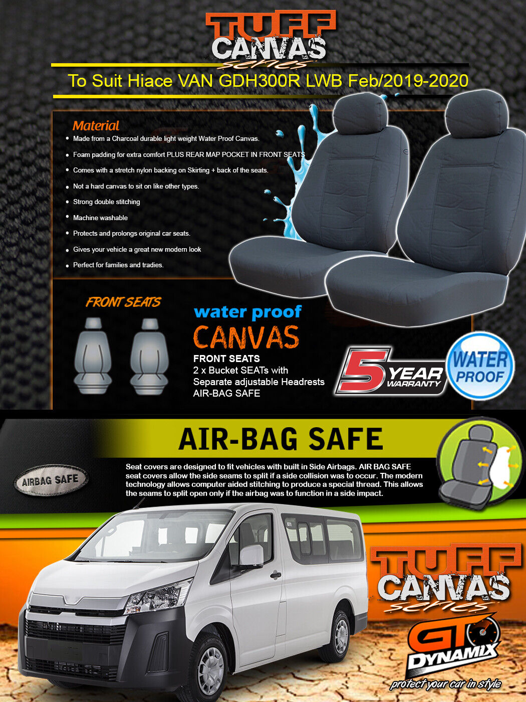 Tuff Canvas Seat Covers Front For Toyota Hiace Van LWB SLWB GDH300R Crew Van 2/2019-2024 Charcoal