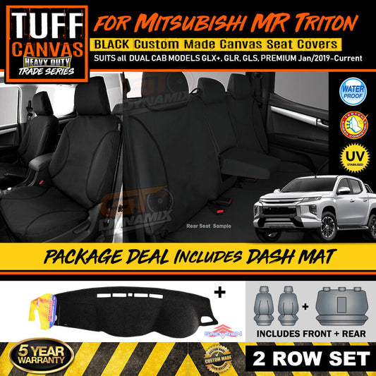 Tuff HD TRADE Canvas Seat Covers 2 Rows + Dash Mat For Mitsubishi Triton MR Dual Cab 2019-2023 Black