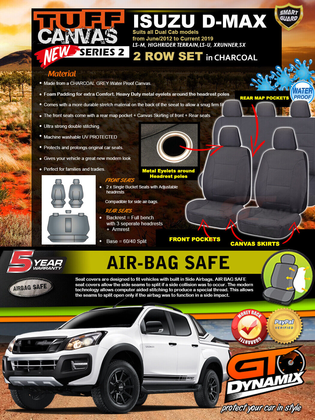 Tuff Canvas Seat Covers 2 Rows For Isuzu DMAX Dual Cab LS-U 6/2012-2019 D-MAX Charcoal
