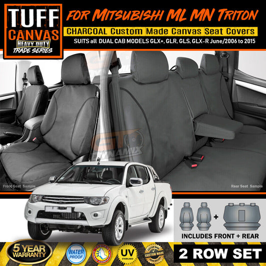 TUFF HD TRADE Canvas Seat Covers 2 Rows For Mitsubishi Triton MN ML Dual Cab GLS GLX-R 2006-2015 Charcoal