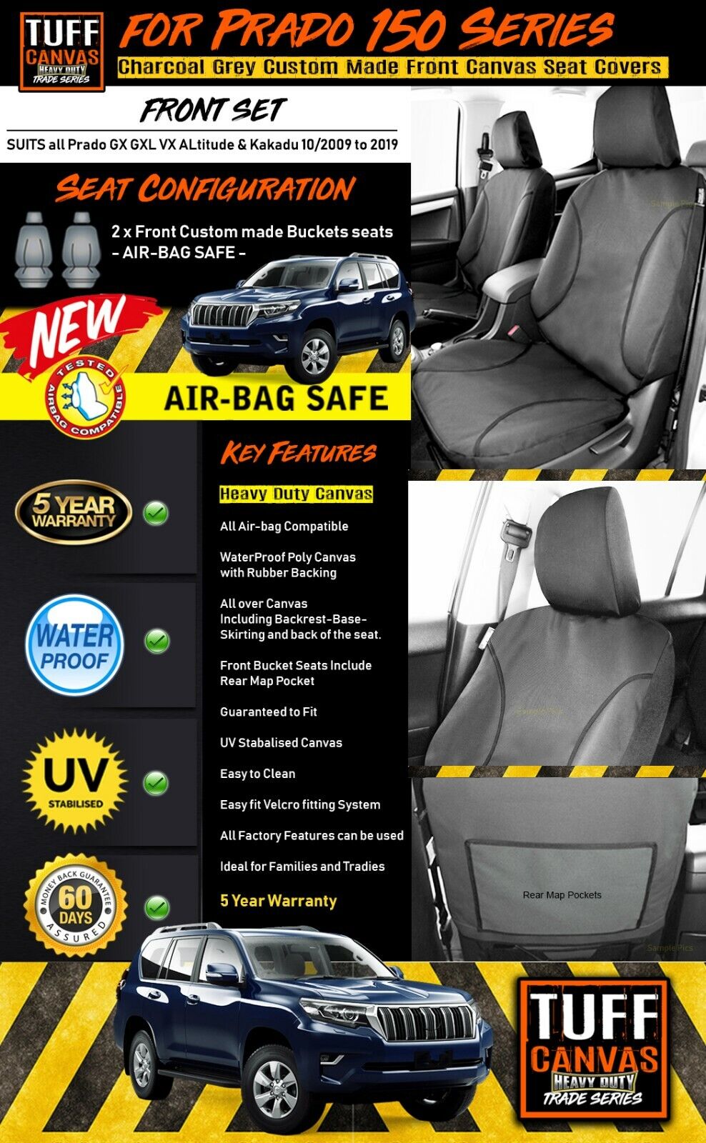 TUFF HD TRADE Canvas Seat Covers Front For Toyota Prado 150 GXL VX Kakadu 10/2009-2019 Charcoal