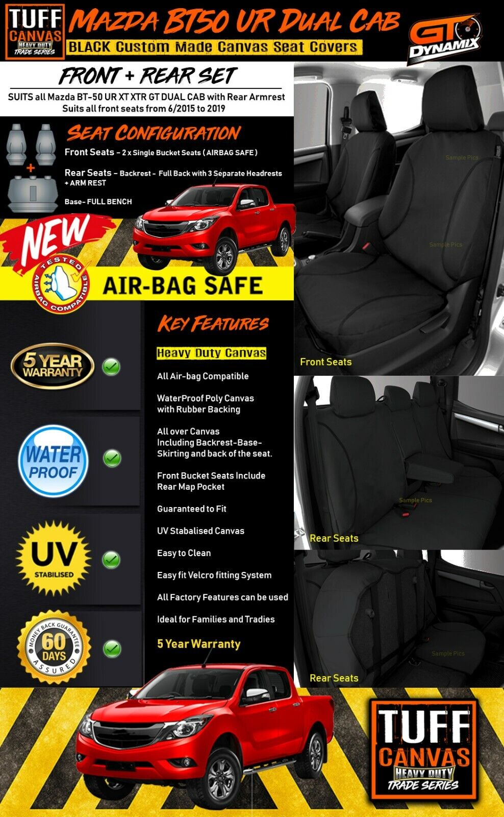 TUFF HD TRADE Canvas Seat Covers 2 Rows For Mazda BT-50 UR XT XTR BT50 2015-6/2021 Black