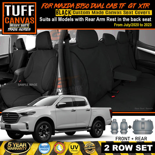 TUFF HD TRADE Canvas Seat Covers 2 Rows For Mazda BT-50 TF GT XTR BT50 7/2020-2024 Black