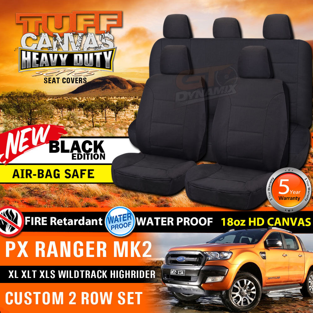 Tuff HD Canvas Seat Covers 2 Rows For Ford PX RANGER MK2 Dual Cab XLT 6/2015-2020 Black