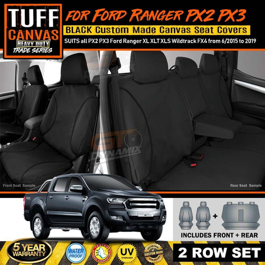 TUFF HD TRADE Canvas Seat Covers 2 Rows For Ford PX2 PX3 RANGER XLT XL 6/2015-2021 Black