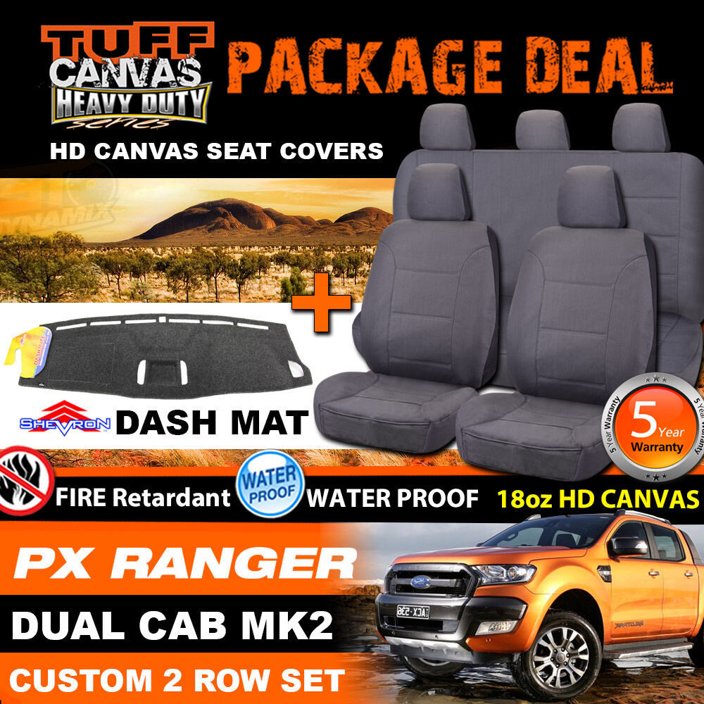Tuff HD Canvas Seat Covers 2 Rows + Dash Mat For Ford PX2 RANGER XLT XL 6/2015-2018 Charcoal