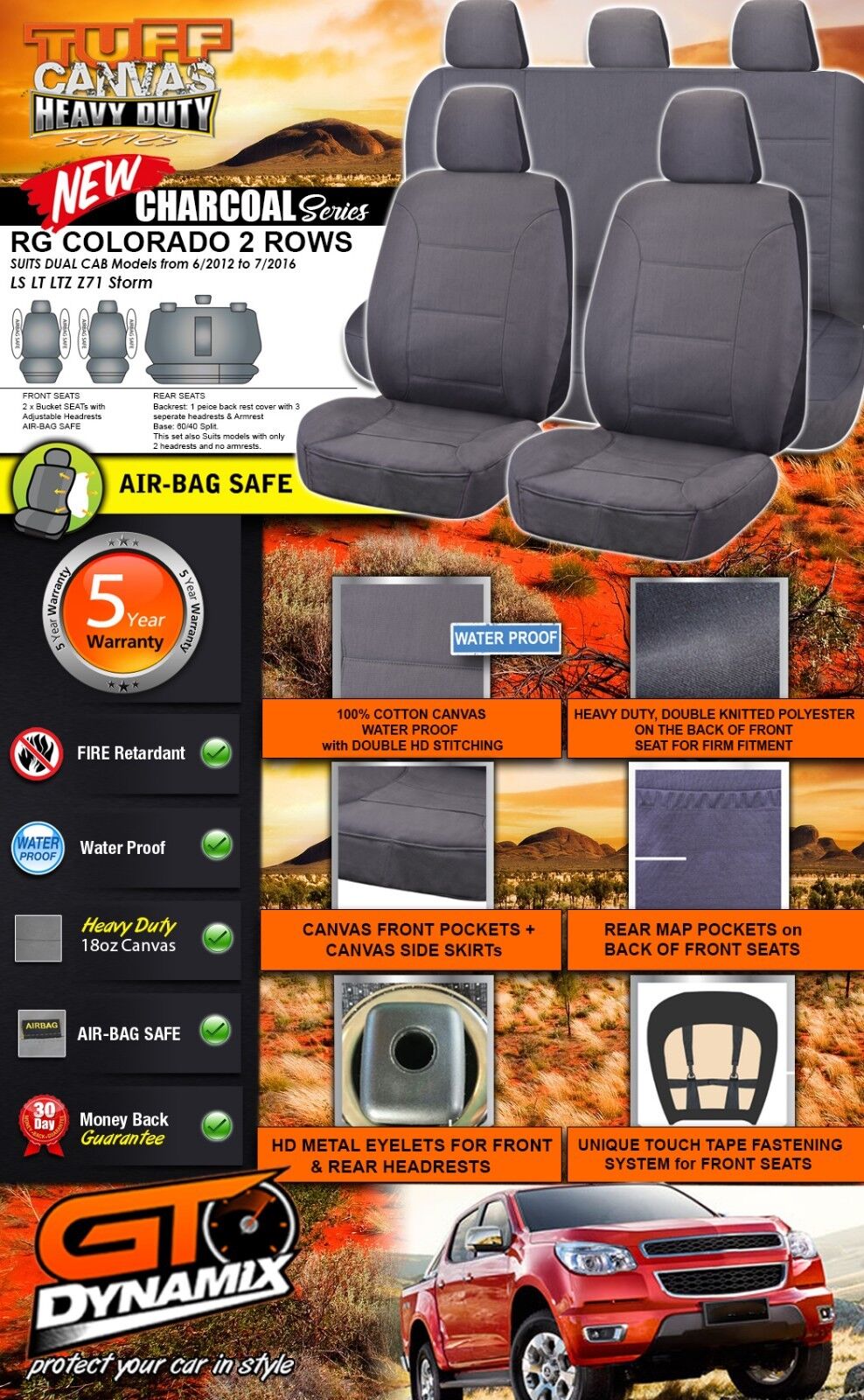 Tuff HD Canvas Seat Covers 2 Row For Holden RG Colorado Dual CAB LS LT 2012-7/2016 Charcoal