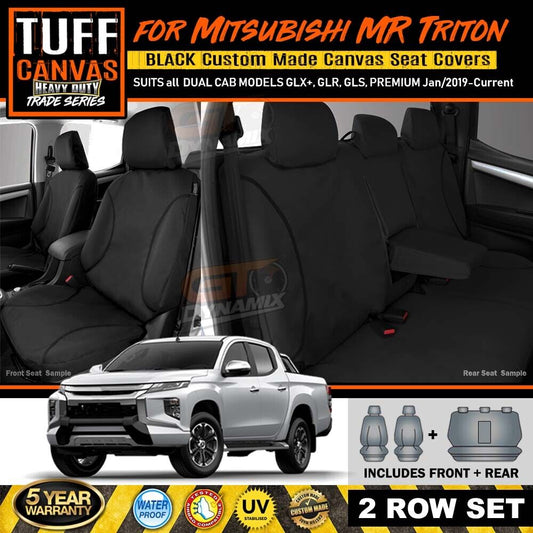 TUFF HD TRADE Canvas Seat Covers 2 Rows For Mitsubishi Triton MR Dual Cab GLX GLR GLS 2019-2023 Black