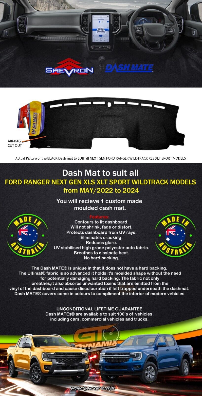 Tuff HD TRADE Canvas Seat Covers 2 Row + Dash Mat For Ford Ranger Next Gen XLT XLS DM1650 Black