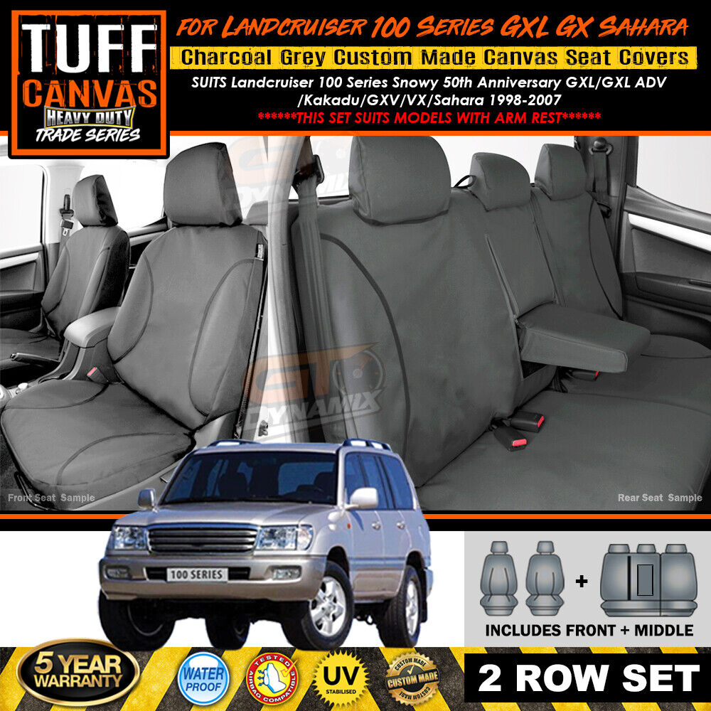 TUFF HD TRADE Canvas Seat Covers 2 Rows For Toyota Landcruiser 100 Series with ARMREST 1998-2007 Charcoal
