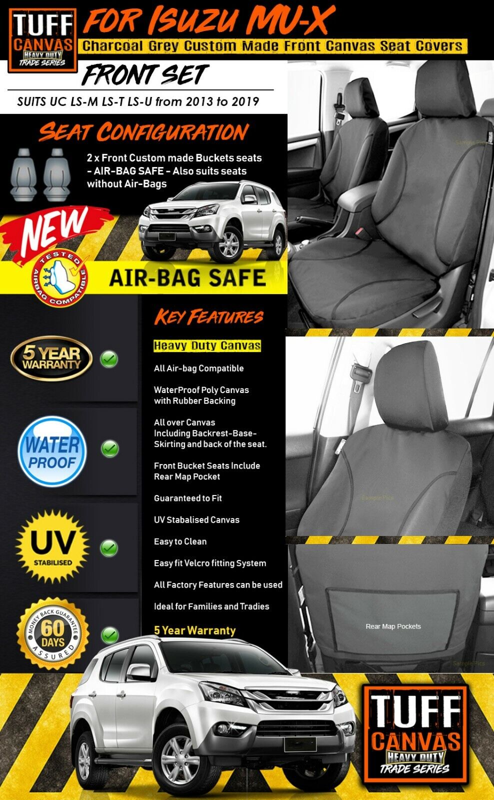 TUFF HD TRADE Canvas Seat Covers Front For Isuzu MU-X LS-M LS-T LS-U 2013-2019 Charcoal