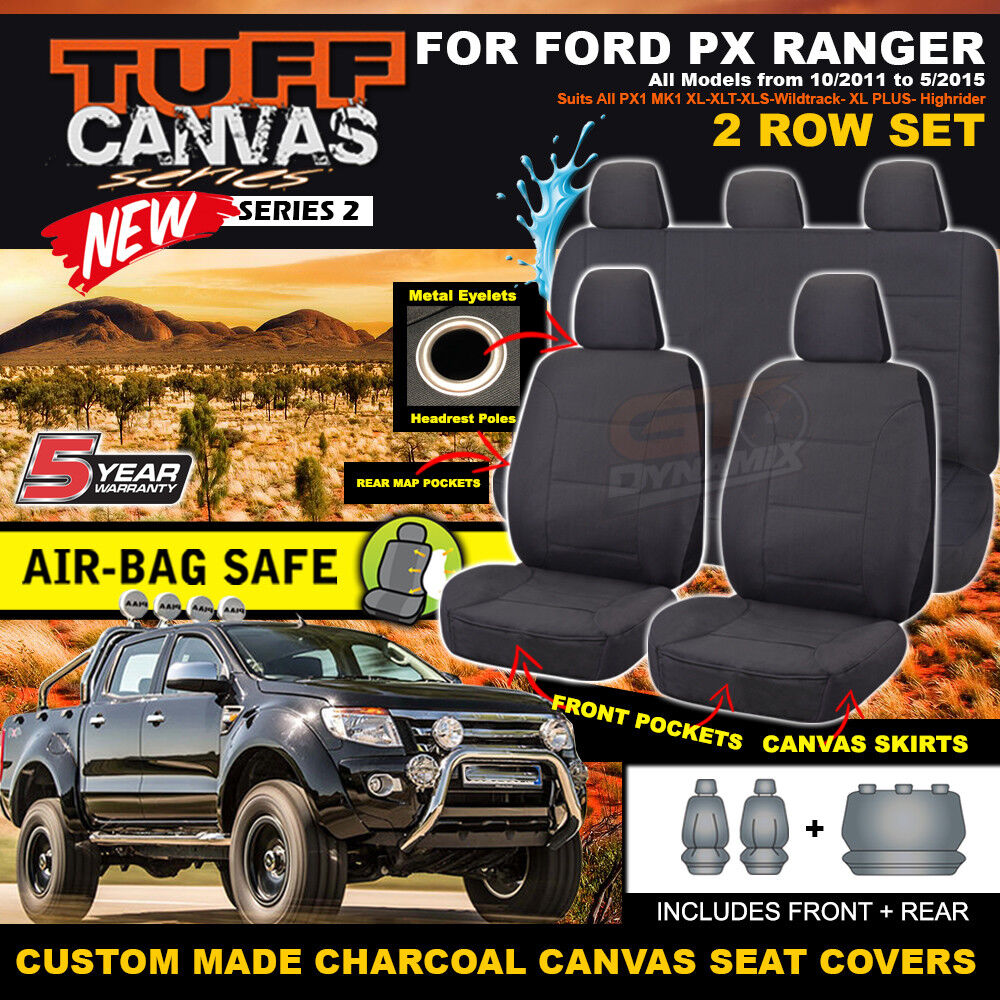 Tuff Canvas Seat Covers 2 Row For Ford PX Ranger MK1 Dual Cab XL XLT 2011-2015 Charcoal