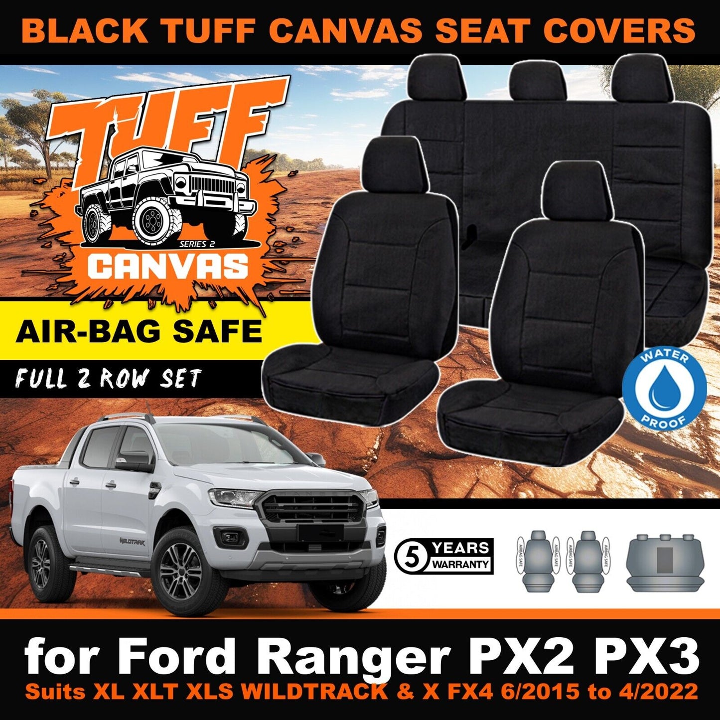 Black Tuff Canvas S2 Seat Covers 2 Rows For Ford Ranger PX2 PX3 Dual Cab Wildtrack FX4 XLT 6/2015-4/2022