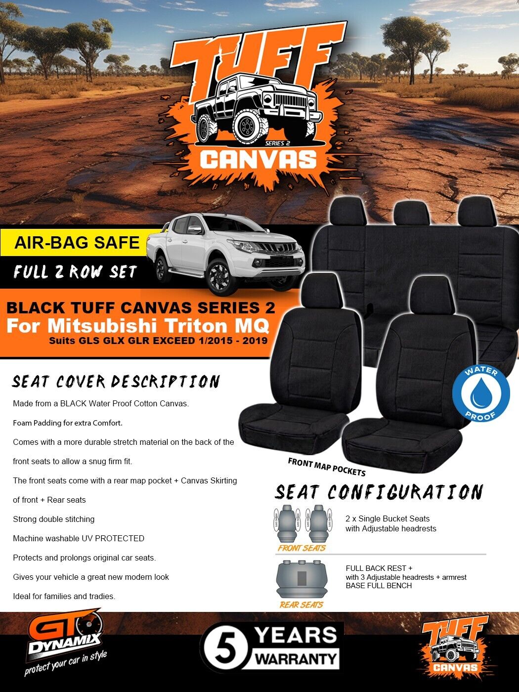 Black Tuff Canvas S2 Seat Covers 2 Rows For Mitsubishi Triton MQ GLX GLR GLS 1/2015-2019