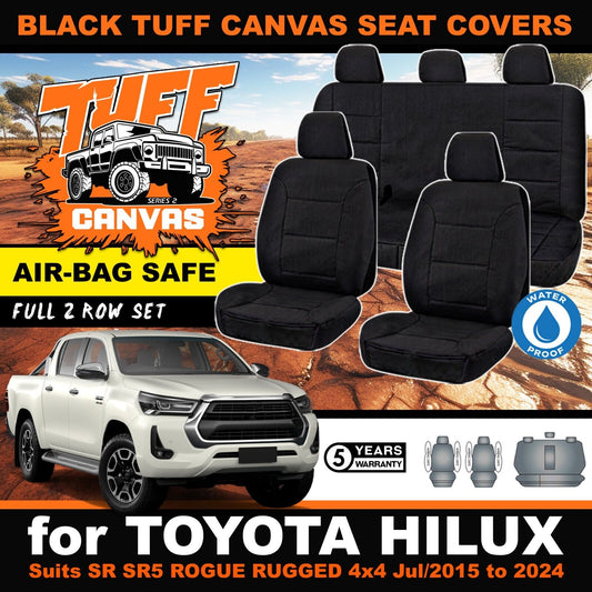 Black Tuff Canvas S2 Seat Covers 2 Rows For Toyota Hilux Rugged Dual Cab 7/2015-2024