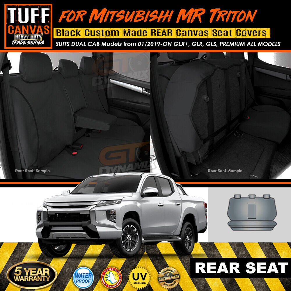 Tuff HD TRADE Canvas Seat Covers 2 Rows + Dash Mat For Mitsubishi Triton MR Dual Cab 2019-2023 Black