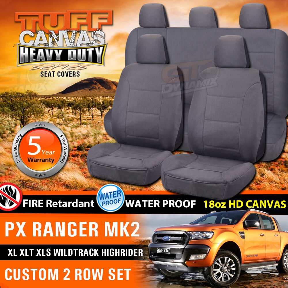 Tuff HD Canvas Seat Covers 2 Rows + Dash Mat For Ford PX2 RANGER XLT XL 6/2015-2018 Charcoal