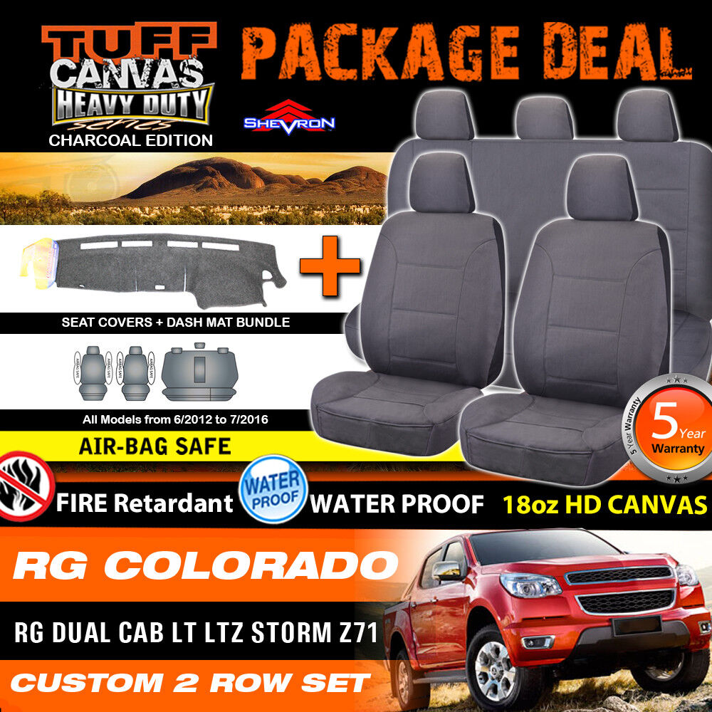 Tuff HD Canvas Seat Covers 2 Rows + Dash Mat For Holden RG Colorado 6/2012-7/2016 Charcoal