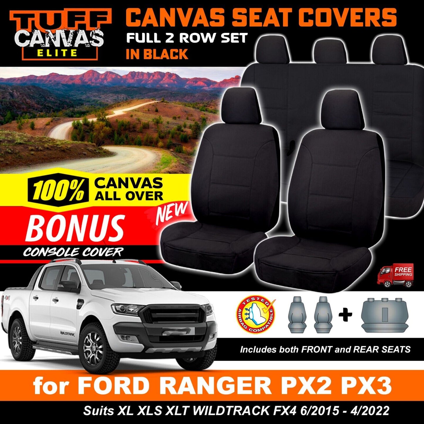 Tuff Elite Canvas Seat Covers 2 Rows For Ford Ranger PX2 PX3 Wildtrack Dual Cab 2015-2023 Black