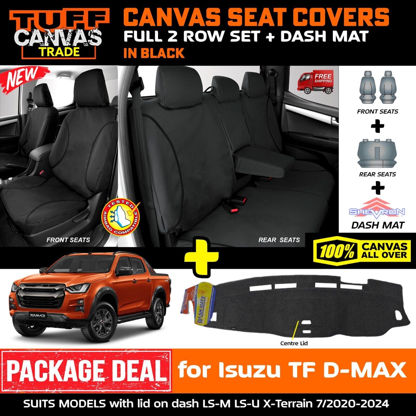 Tuff HD TRADE Canvas Seat Covers 2 Row + Dash Mat For Isuzu DMAX TF W/LID 2020-2024 DM1589 Black