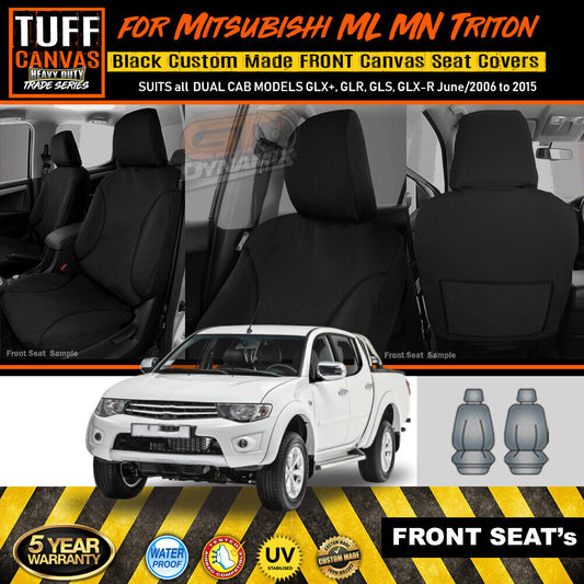 TUFF HD TRADE Canvas Seat Covers Front For Mitsubishi Triton ML MN GLX GLR GLX-R 2006-2015 Black