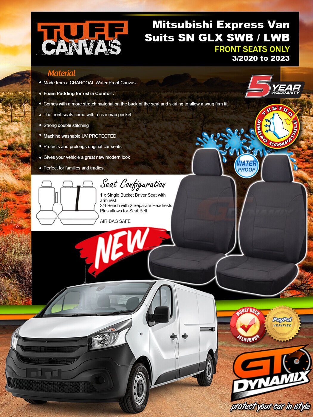 Tuff Canvas Seat Covers Front For Mitsubishi SN Express Van GLX SWB LWB 3/2020-2023 Charcoal