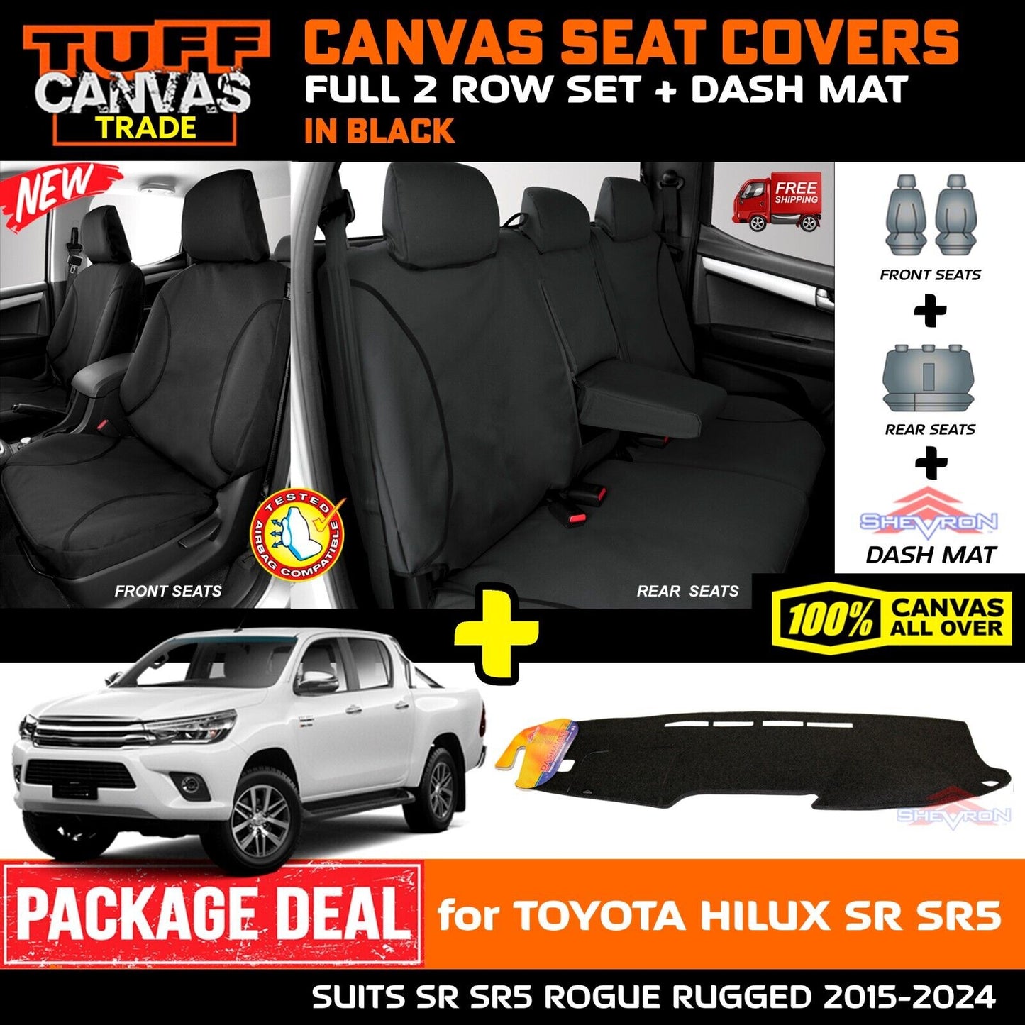 Tuff HD TRADE Canvas Seat Covers 2 Row + Dash Mat For Toyota Hilux SR SR5 Rugged 2015-2024 DM1412 Black