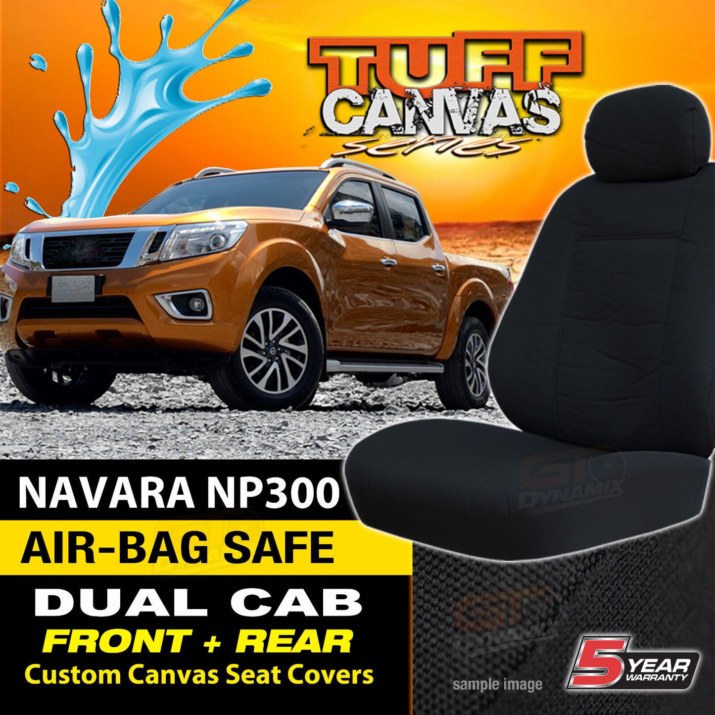 Tuff Canvas Seat Covers 2 Row + Dash Mat For Nissan Navara D23 NP300 2015-2024 Black