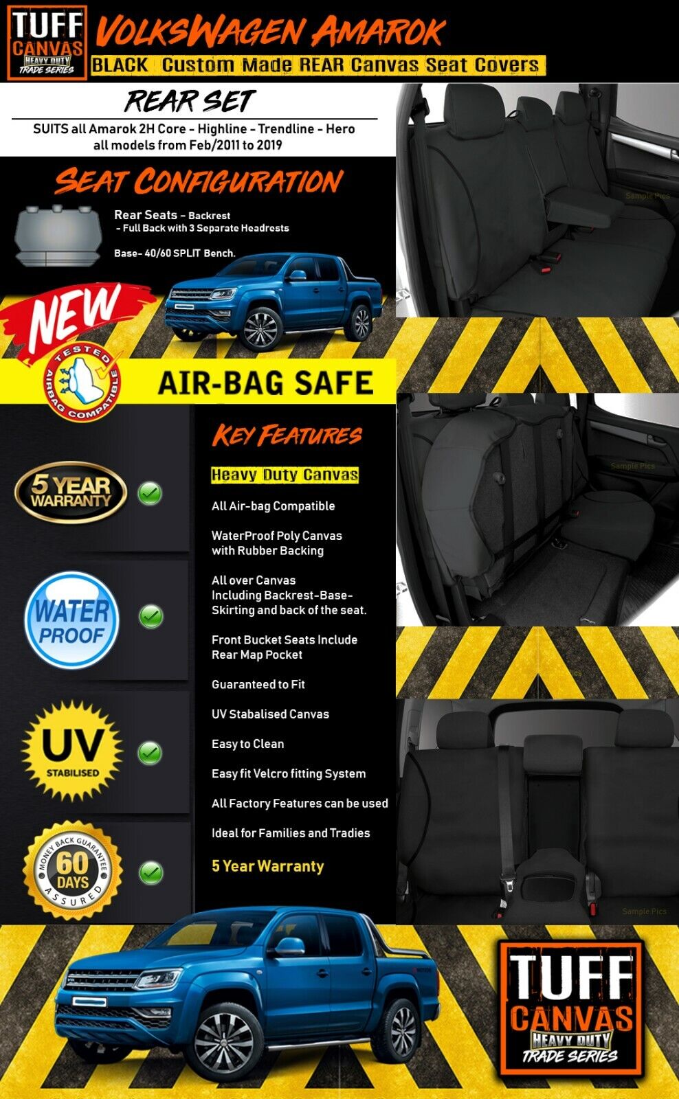 TUFF HD TRADE Canvas Seat Covers Rear For Volkswagen Amarok 2H Core 2/2011-2022 Black